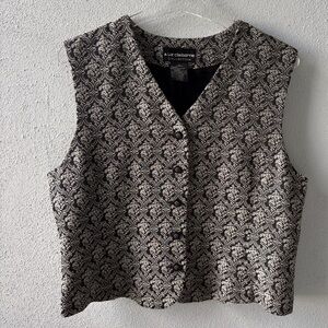 Liz Claiborne Black Cream Size 14 Button Up Vest Retro Floral Boho Artsy Vintage
